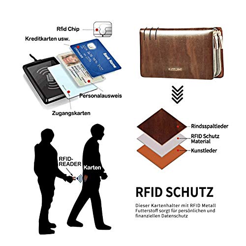 Teemzone - Bolso de mano de piel auténtica para hombre con bloqueo RFID y cierre grande, Marrón (Marrón 12 ranuras para tarjetas/bloqueo RFID), Large