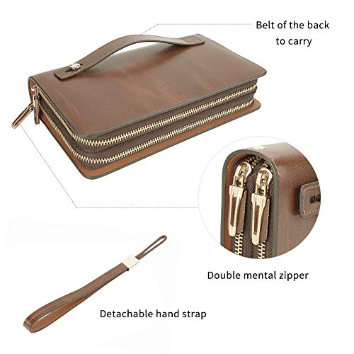Teemzone - Bolso de mano de piel auténtica para hombre con bloqueo RFID y cierre grande, Marrón (Marrón 12 ranuras para tarjetas/bloqueo RFID), Large