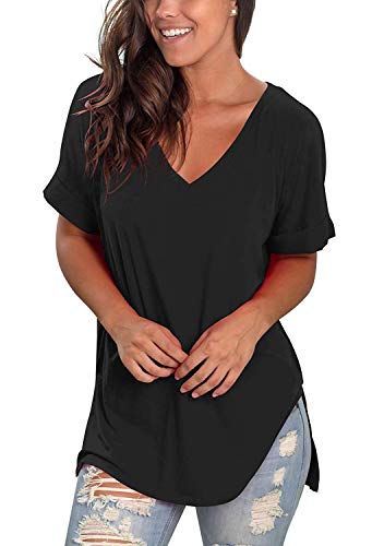 TEENSHOT - Camiseta casual de verano con cuello en V para mujer, laterales abiertos Negro 01-negro L