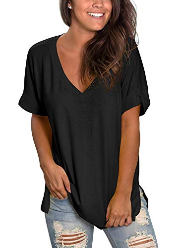 TEENSHOT - Camiseta casual de verano con cuello en V para mujer, laterales abiertos Negro 01-negro L
