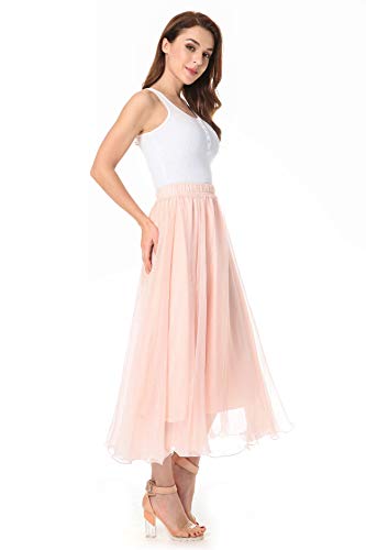 TEERFU Falda larga de gasa plisada para mujer completa y hasta el tobillo Rosa rosa 40