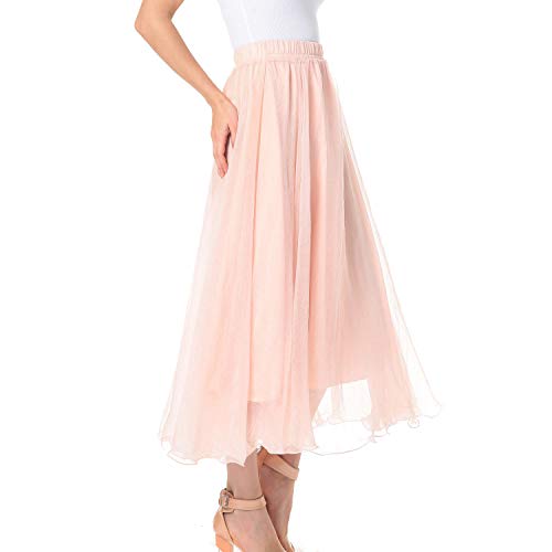 TEERFU Falda larga de gasa plisada para mujer completa y hasta el tobillo Rosa rosa 40
