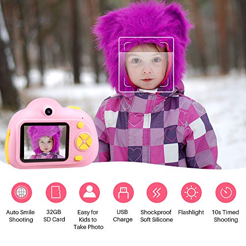 TekHome 2019 Nueva Cámara de Fotos para Niños con 32GB Tarjeta SD y Acollador, 2 Objetivos Selfie 8MP Cámara Digital 1080P HD Video, Juguetes Niña 3-10 Años, Regalo Niña Cumpleaños Infantil, Rosa.