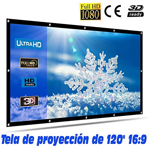 Tela de proyección Lux-Screen Formato 16:9 Superficie de 3 Capas Blanco Mate y Borde perimetal Negro, Pantalla para proyector para Colgar con argolla, garantía de 2 años (120 Pulgadas)