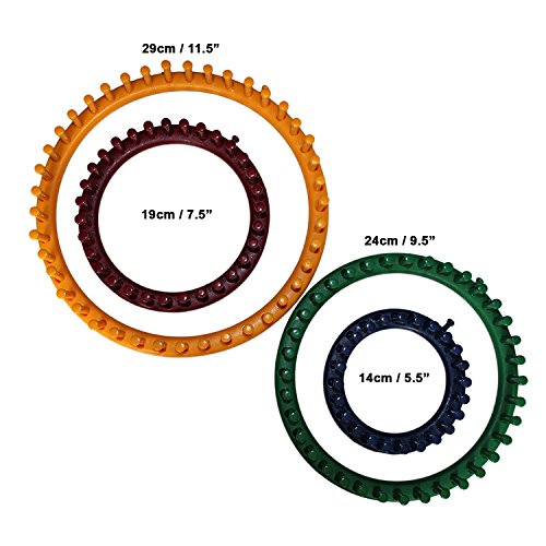 Telar Circular (6 Piezas) - 4 Plástico Telar Circular (14cm, 19cm, 24cm, 29cm), 1 Aguja y 1 Ganchillo Gancho con Instrucciones - Perfecto para Tejedores Principiantes y Profesionales