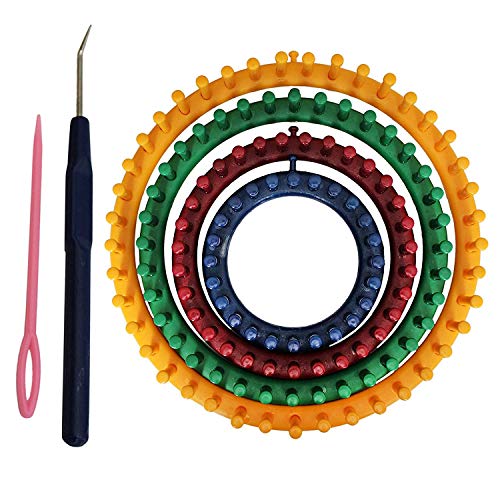 Telar Circular (6 Piezas) - 4 Plástico Telar Circular (14cm, 19cm, 24cm, 29cm), 1 Aguja y 1 Ganchillo Gancho con Instrucciones - Perfecto para Tejedores Principiantes y Profesionales