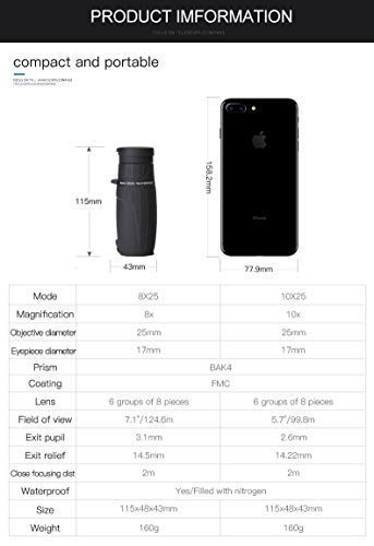 Telescopio Monocular 8X25,Eyeskey Mini HD Telescopio Compacto Impermeable y Antivaho Monoculares de Largo Alcance para Observación de Aves,Caza,Camping, Senderismo y ect