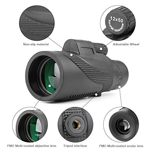 Telescopio monocular de 12 x 50 telescopio telescópico de alta potencia lente FMC impermeable y antiniebla y prisma Bak4 con trípode para observación de aves caza senderismo acampada