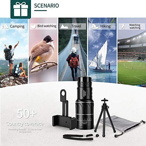 Telescopio monocular, HD 16x52 Alto Voltaje con trípode con soporte para teléfono inteligente para adultos Impermeable Vision nocturna Enfoque para observación de aves, acampar, viajar