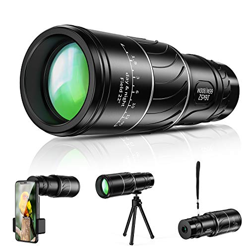Telescopio monocular, HD 16x52 Alto Voltaje con trípode con soporte para teléfono inteligente para adultos Impermeable Vision nocturna Enfoque para observación de aves, acampar, viajar