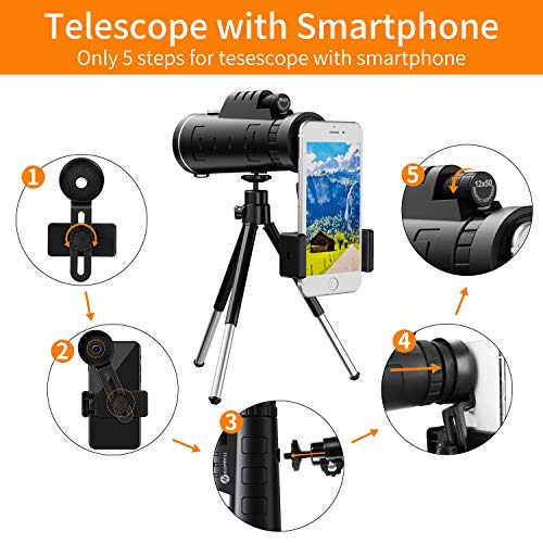 Telescopio Monocular, slopehill 12x50 HD Telescopio Impermeable Monocular para Móvil con Trípode y Adaptador para Smartphone Monoculares de Largo Alcance para Observación de Aves Caza Conciertos Viaje