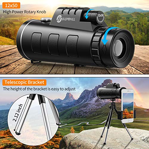 Telescopio Monocular, slopehill 12x50 HD Telescopio Impermeable Monocular para Móvil con Trípode y Adaptador para Smartphone Monoculares de Largo Alcance para Observación de Aves Caza Conciertos Viaje