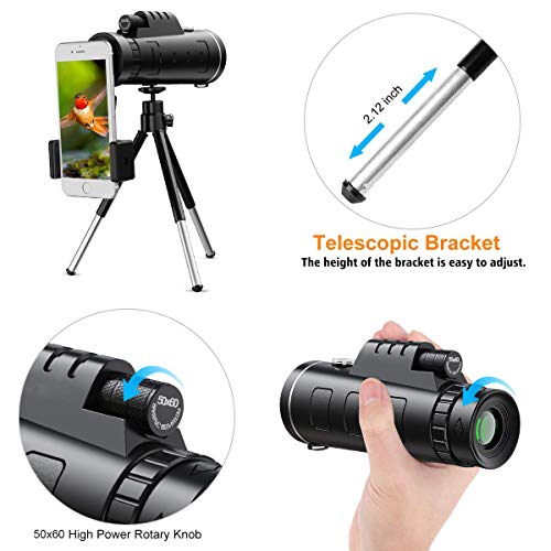 Telescopio Monocular,50x60 HD Impermeable y Antivaho Monoculares de Largo Alcance para Movil con trípode y Adaptador para Smartphone,Ideal para Observación de Aves Caza Conciertos Viaje