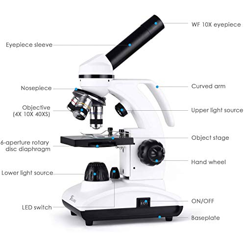 TELMU Microscopio Optico 40-1000X - Microscopio Biologico Monocular con Fuente De Luz LED Y Soporte para Teléfono Móvil