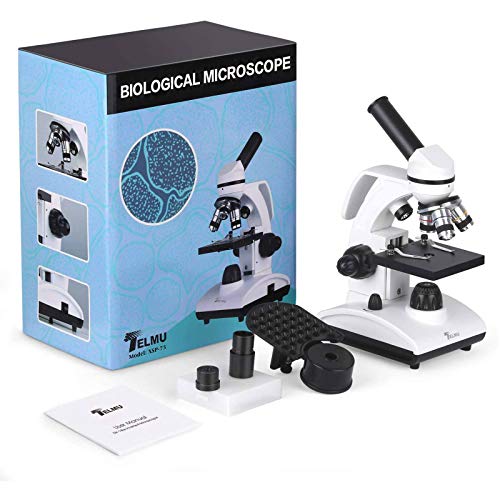 TELMU Microscopio Optico 40-1000X - Microscopio Biologico Monocular con Fuente De Luz LED Y Soporte para Teléfono Móvil