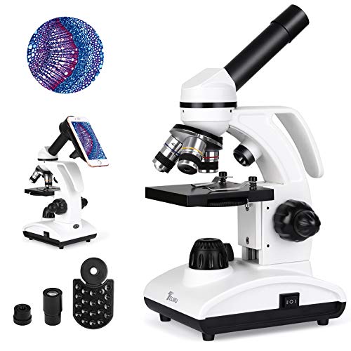 TELMU Microscopio Optico 40-1000X - Microscopio Biologico Monocular con Fuente De Luz LED Y Soporte para Teléfono Móvil