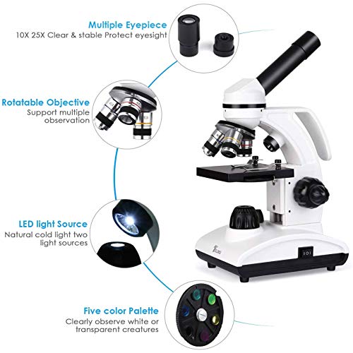 TELMU Microscopio Optico 40-1000X - Microscopio Biologico Monocular con Fuente De Luz LED Y Soporte para Teléfono Móvil