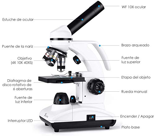 TELMU Microscopio Óptico Profesionales, Microscopios Monoculares Biológicos para Adultos y Estudiantes y Niños con Diapositivas Preparadas