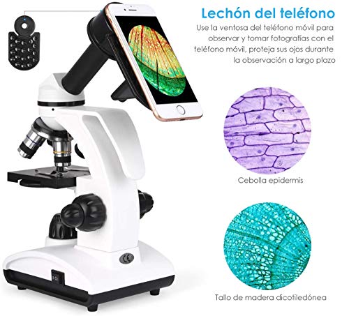 TELMU Microscopio Óptico Profesionales, Microscopios Monoculares Biológicos para Adultos y Estudiantes y Niños con Diapositivas Preparadas