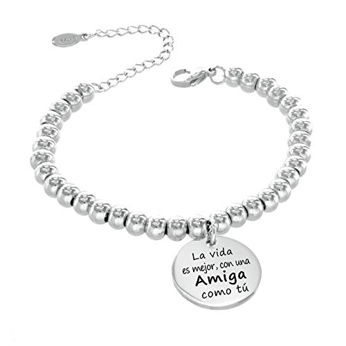 TEMPUS FUGIT. Regalo para la Amiga. Pulsera Bolas 6 mm. de Acero Inoxidable Antialérgico Inalterable, con Mensaje Grabado