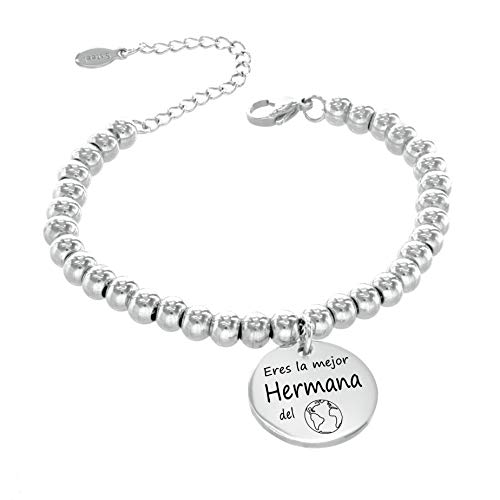 TEMPUS FUGIT. Regalo para la Hermana. Pulsera Bolas de 6 mm. de Acero Inoxidable Antialérgico Inalterable, Flexible, con Mensaje