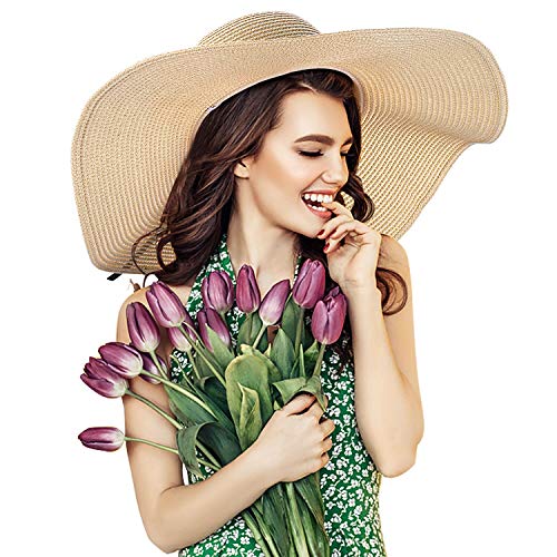 Tencoz Sombrero de Paja para Mujer, Sombrero de Verano de Paja Plegable Ajustable Sombrero de Vacaciones ala Ancha 5.90 ″ -UPF 30