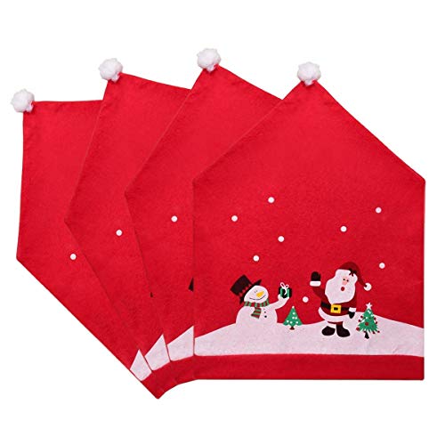 Tenrany Home Rojo Decoración Navideña Fundas para Sillas, Juego de 4 Gorro de Papá Noel Cubiertas de la Silla Cubre Respaldos Navideños para Decoración Fiesta o Cena de Navidad