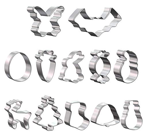 TENSUN 12 Piezas Molde de Galletas de Acero Inoxidable para Pascua, Navidad, Halloween, Horneado de Galletas de Pascua, Molde de Galletas de Huevo y Conejo, Molde de Galletas para niños