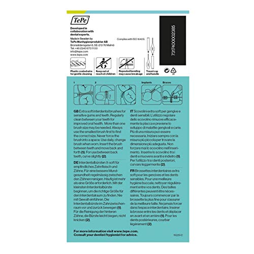 TePe Cepillos interdentales Extra Suaves / Palillos interdentales para una higiene bucal delicada / 8 unidades de diferente tamaño por paquete, multicolor