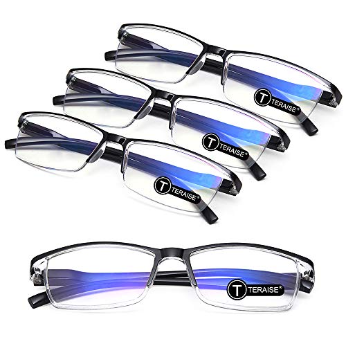 TERAISE 4PCS Moda Gafas de lectura con luz anti-azul Lectores de calidad Gafas para lectura para hombres y mujeres Computadora/teléfono celular Bloqueo de luz azul Gafas de lectura Marco(1.0X)