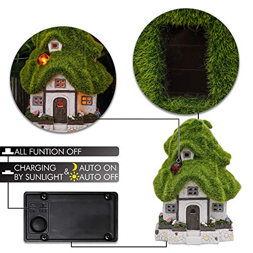 TERESA'S COLLECTIONS 20cm Adorno de Jardín Casa de Hadas Luz Solar LED, Decoracion de Jardin de Casa del árbol de Resina con Flocado Verde Efecto Musgo y Mariquita, Decoracion de Navidad para Hogar