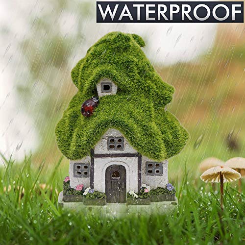 TERESA'S COLLECTIONS 20cm Adorno de Jardín Casa de Hadas Luz Solar LED, Decoracion de Jardin de Casa del árbol de Resina con Flocado Verde Efecto Musgo y Mariquita, Decoracion de Navidad para Hogar