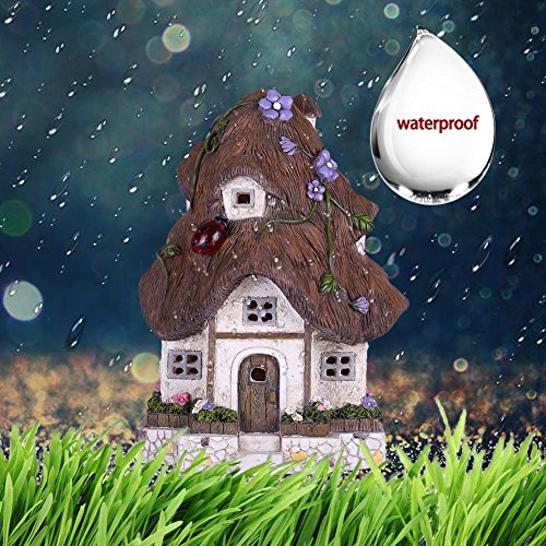 TERESA'S COLLECTIONS 20cm Adorno de Jardín Casa de Hadas Luz Solar LED, Decoracion de Jardin de Resina Marrón, Decoracion de Navidad para Hogar