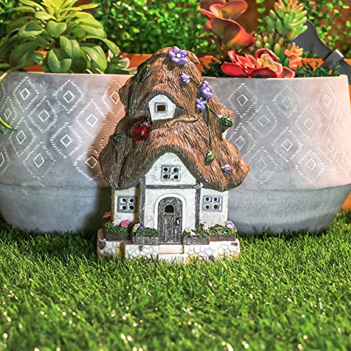 TERESA'S COLLECTIONS 20cm Adorno de Jardín Casa de Hadas Luz Solar LED, Decoracion de Jardin de Resina Marrón, Decoracion de Navidad para Hogar