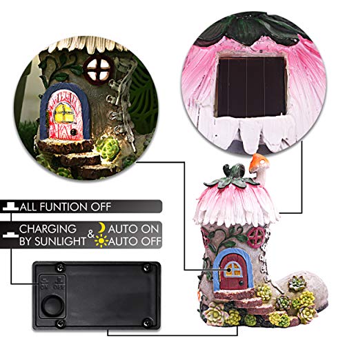 TERESA'S COLLECTIONS 22cm Adorno de Jardín Casa de Hadas Luz Solar LED, Decoracion de Jardin de Resina de Bota, Decoración de Navidad para el Camino del Jardín del Hogar y Regalo