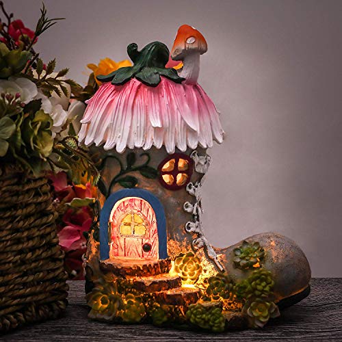 TERESA'S COLLECTIONS 22cm Adorno de Jardín Casa de Hadas Luz Solar LED, Decoracion de Jardin de Resina de Bota, Decoración de Navidad para el Camino del Jardín del Hogar y Regalo