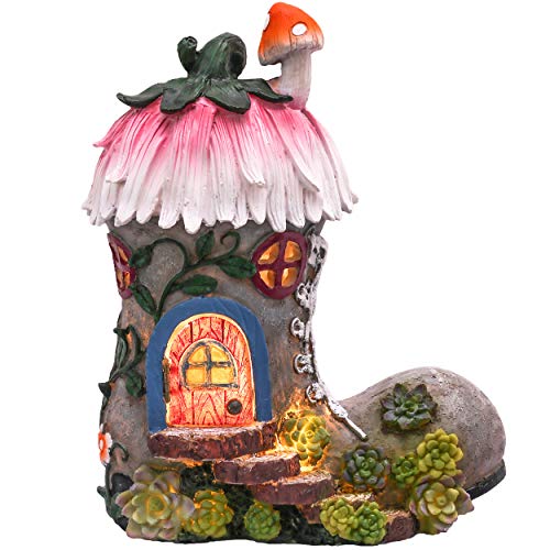 TERESA'S COLLECTIONS 22cm Adorno de Jardín Casa de Hadas Luz Solar LED, Decoracion de Jardin de Resina de Bota, Decoración de Navidad para el Camino del Jardín del Hogar y Regalo
