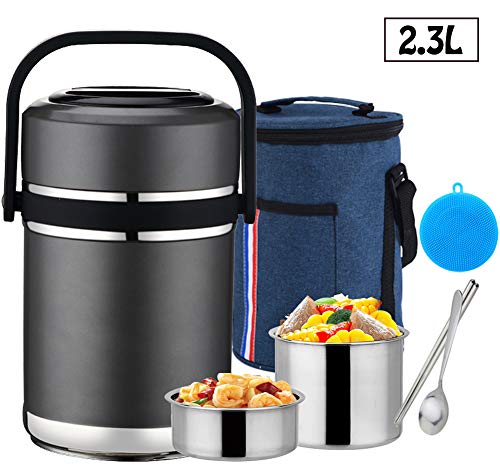 Termo Para Comida, Termo De Acero Inoxidable Para Alimentos, Con Bolsa De Transporte Y Cuchara, Beber Y Sopa De Los Niños Y Las Comidas De Adultos,Gray,2.3L