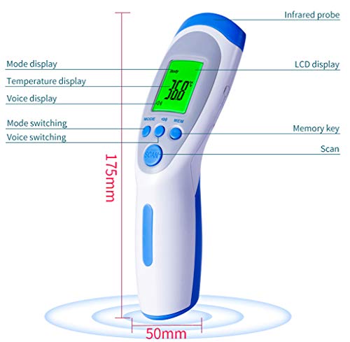 Termómetro digital de infrarrojos sin contacto para niños, adultos, objetos y estancias, tiempo de medición de 1 segundo, función de memoria