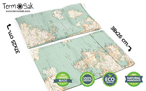 TERMOSAK 37x25 cm. + funda, Cojín térmico modulado con separaciones, saco térmico hot-cold (calor/frio) de semillas alta densidad y lavanda con funda lavable de misma tela. (37x25 + funda, Mundo)