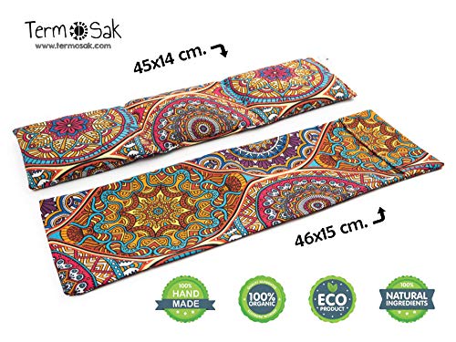 TERMOSAK 45x14 cm + funda, Cojín térmico modulado con separaciones, saco térmico hot-cold (calor/frio) de semillas alta densidad y lavanda con funda lavable de misma tela (45x14 + funda, Mandala)