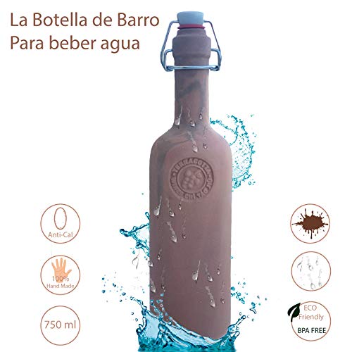 TERRACOTTA - Botella de Barro para Agua, Botella Botijo para almacenar Agua de 750ml con Tapón Silicona. Botella de Barro con propiedades Naturales