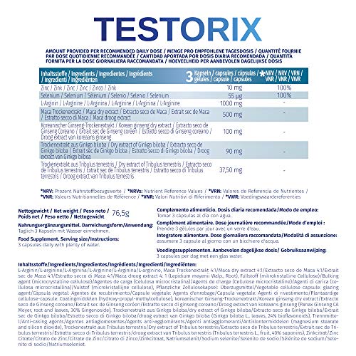 Testorix | Contribuye al Mantenimiento de Niveles Normales de Testosterona | Fórmula con Ginseng, Maca, L-arginina y Ginkgo Biloba | 90 cápsulas
