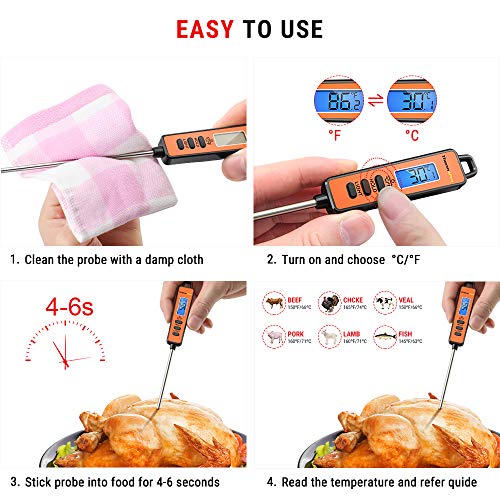 ThermoPro TP01S Termómetro Cocina de Lectura Instantánea con Sonda Larga Termómetro Carne Digital para Cocinar Alimentos Líquidos Aceite BBQ Barbacoa Comida Leche Agua