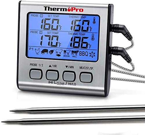 ThermoPro TP17 Termómetro Cocina Digital de Doble Sonda con Modo Temporizador Termómetros de Barbacoa con Grande Retroiluminación de LCD para BBQ Carne Alimentos Líquido Parrilla Horno