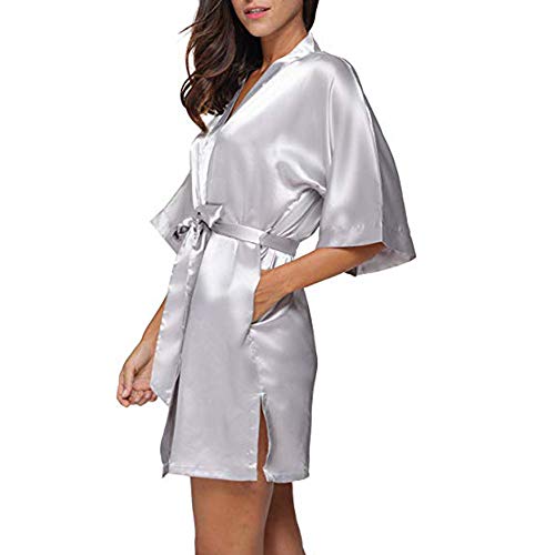 TIFIY Ropa Interior Lencería Mujer Seda Bata de Encaje Babydoll Camisón Pijama de Encaje Sexy Camisón Kimono Cardigan Robe Cintúra Mangas Media Ropa de Dormir Talla Grandes(Gris,XL)
