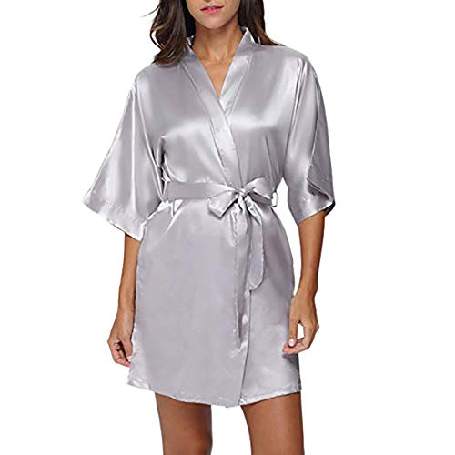 TIFIY Ropa Interior Lencería Mujer Seda Bata de Encaje Babydoll Camisón Pijama de Encaje Sexy Camisón Kimono Cardigan Robe Cintúra Mangas Media Ropa de Dormir Talla Grandes(Gris,XL)