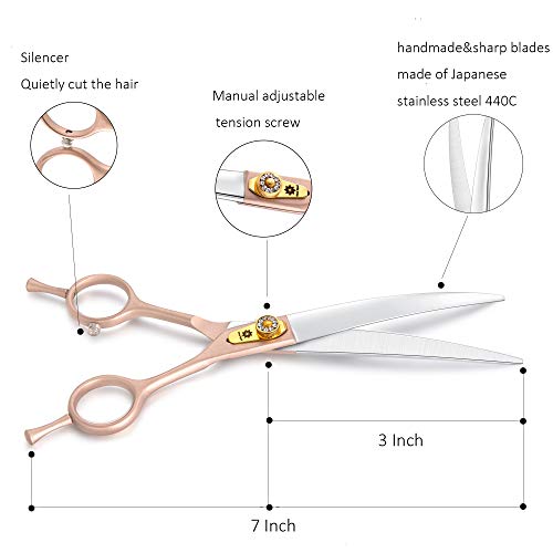 Tijeras profesionales de aseo para mascotas de 7 pulgadas, acero japonés 440C, rectas y curvadas, para adelgazar y chunker, tijeras para perro gato y más mascotas (tijeras curvadas de 7 pulgadas)