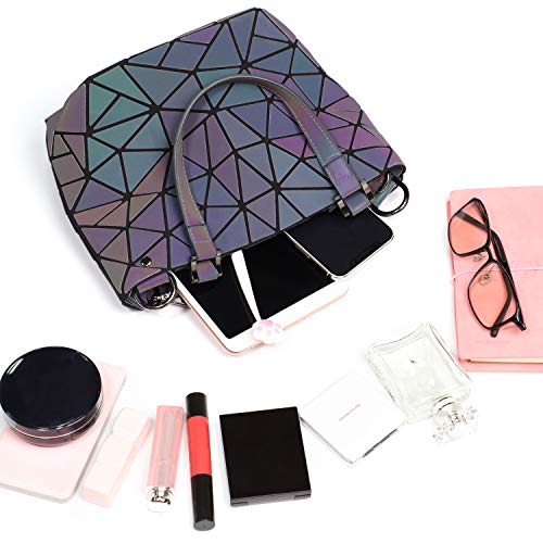 Tikea Bolsa Geométrica Luminosa Holográfica para Mujer, Bolsa Cruzada de Moda en Cuero Sintético, Bandolera con Manilla Reversible Efecto Reflectante