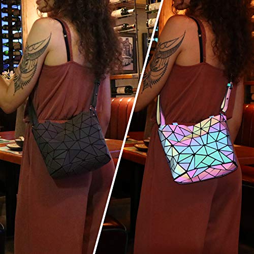 Tikea Bolsa Geométrica Luminosa Holográfica para Mujer, Bolsa Cruzada de Moda en Cuero Sintético, Bandolera con Manilla Reversible Efecto Reflectante